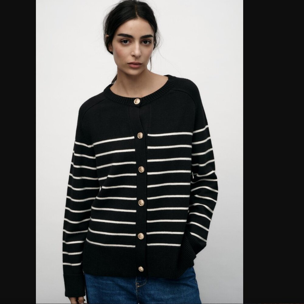 NWT ZARA STRIPED KNIT CARDIGAN BLACK / ECRU